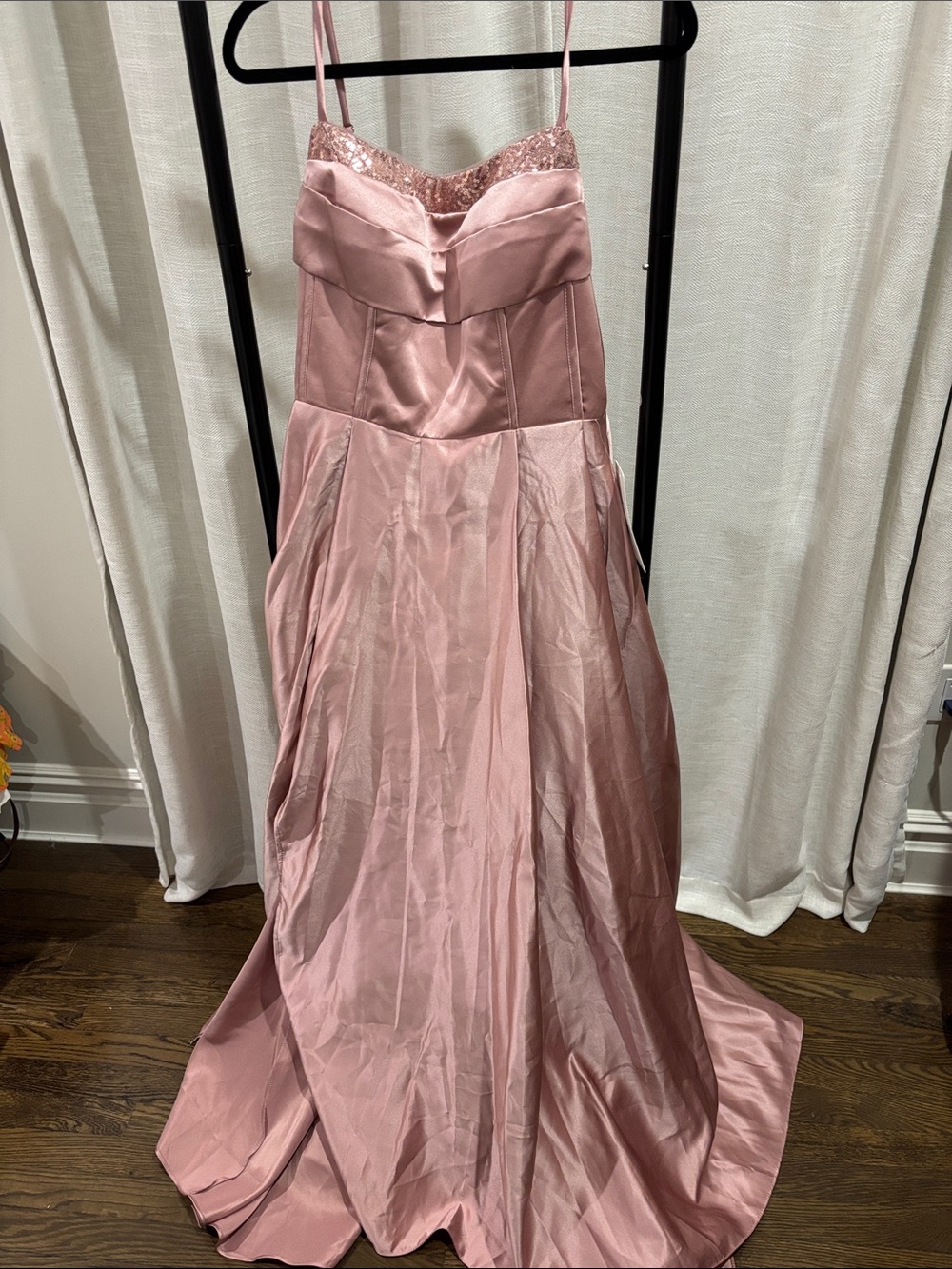 Dusty Rose Satin Spaghetti Strap Wedding Gown
